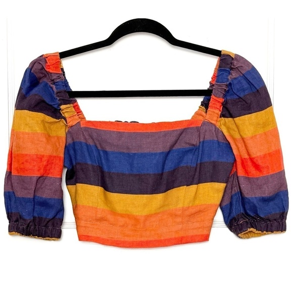 FARM RIO Linen Rainbow Striped Square Neck Smocked Puff Short Sleeve Crop Top XS - Picture 7 of 13